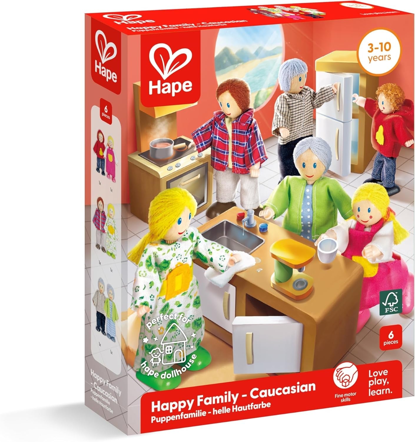 Hape Doll Family Preisgekröntes Puppenhaus-Set, einzigartiges Puppenhaus-Zubehör aus Holz, fantasievolles Spielen, 6 Mitglieder der Puppenfamilie, ab 3 Jahren