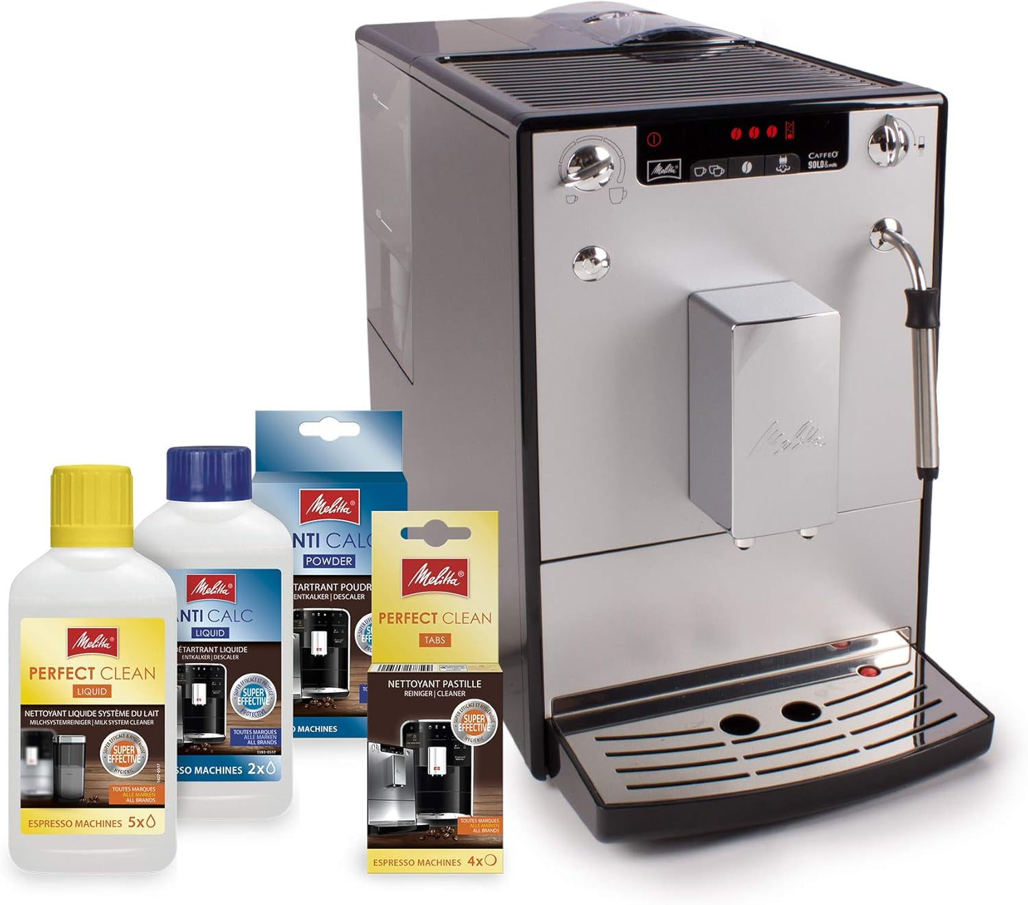 Melitta Solo & Milk – Vollautomatische Slim-Kaffeemaschine mit Milchaufschäumer, Kaffeemaschine mit abnehmbarem Wassertank, z.B. Kaffee oder Cappuccino, Silber