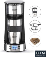 BEEM THERMO 2 GO Einzelfilter-Espressomaschine mit 0,4 l Thermobecher | Permanentfilter | Mit 24-Stunden-Timer für eine heiße Tasse Kaffee am Morgen, kein Warten | 750 W
