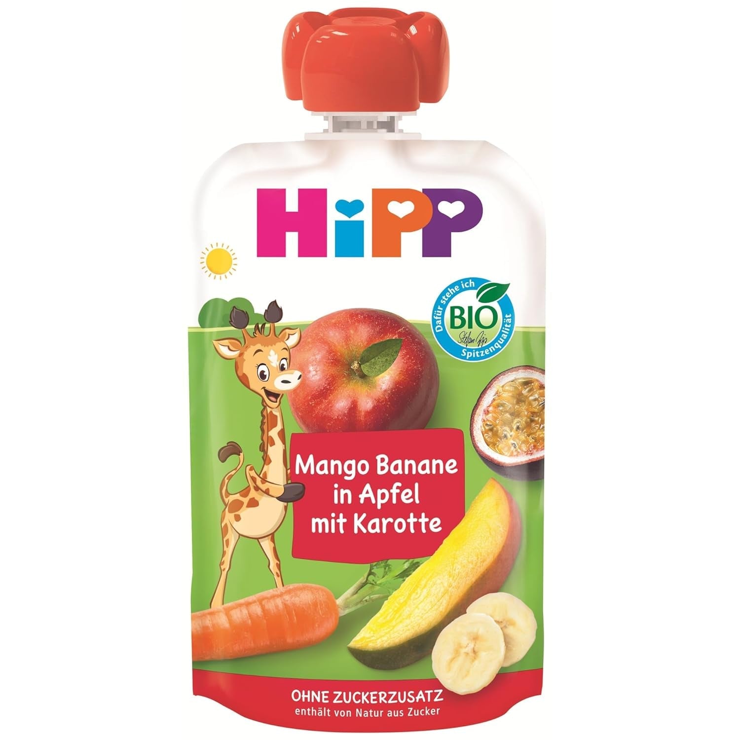 HiPP Bio Quetschie Mango-Banane im Apfel mit Karotte (8 x 100g), 1 Jahr gereift, Frucht- und Gemüsepüree, ohne Zuckerzusatz, vegan, in bester Bio-Qualität