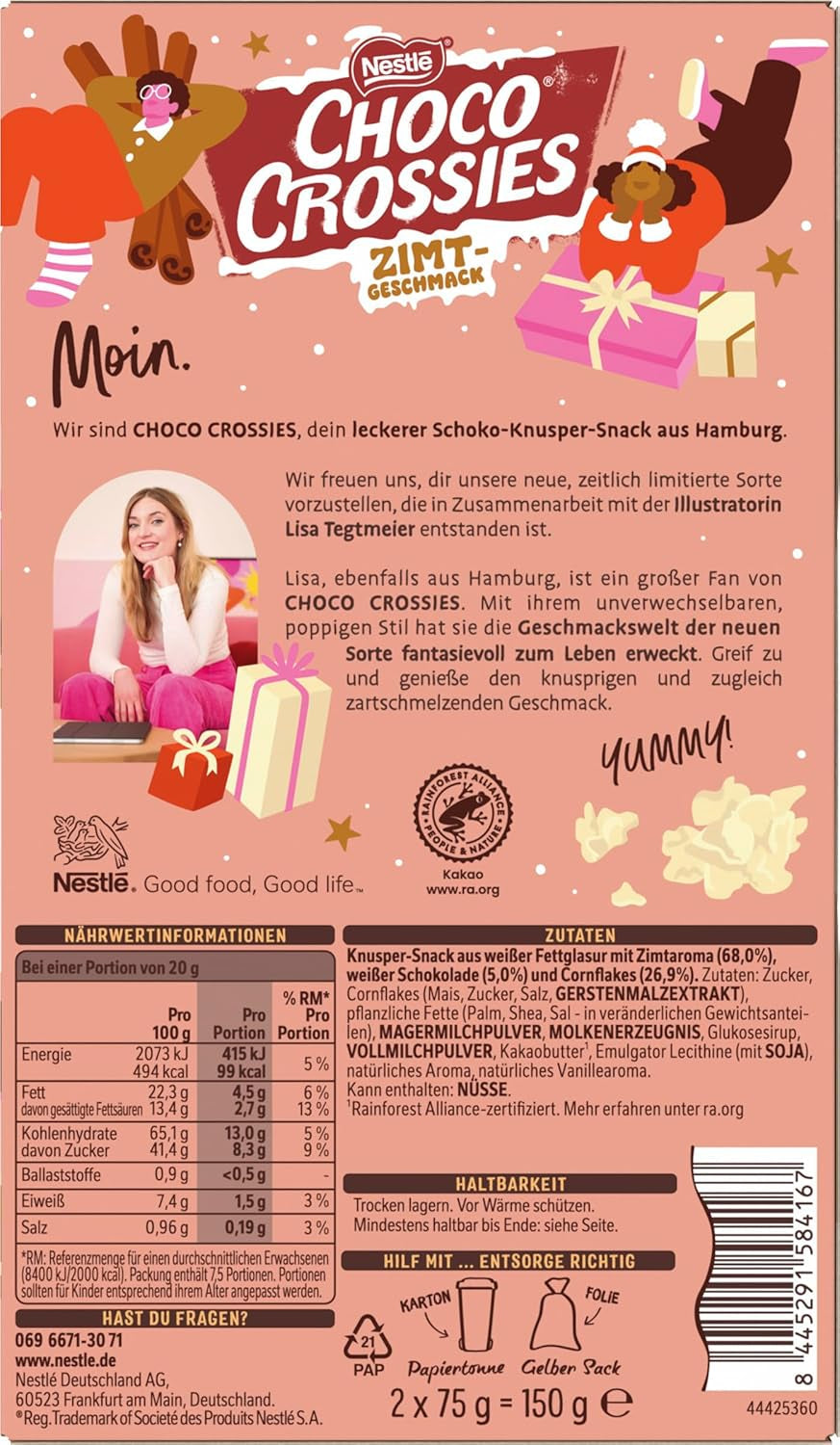 Leichte, knusprige Zimtflocken und knusprige Mandeln von Nestlé, überzogen mit einer zartschmelzenden weißen Glasur und Zimtgeschmack, 4er-Packung (je 2 x 75 g)