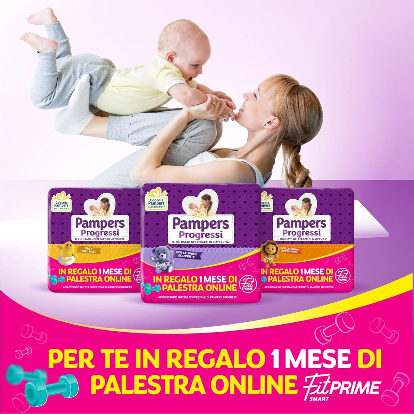 Pampers Progressi & Fit Prime Midi Windeln, Kurzformat, 162 Windeln, Größe 3 (4-9 kg), Online-Mitgliedschaft im Fitnessstudio für 1 Monat als Geschenk