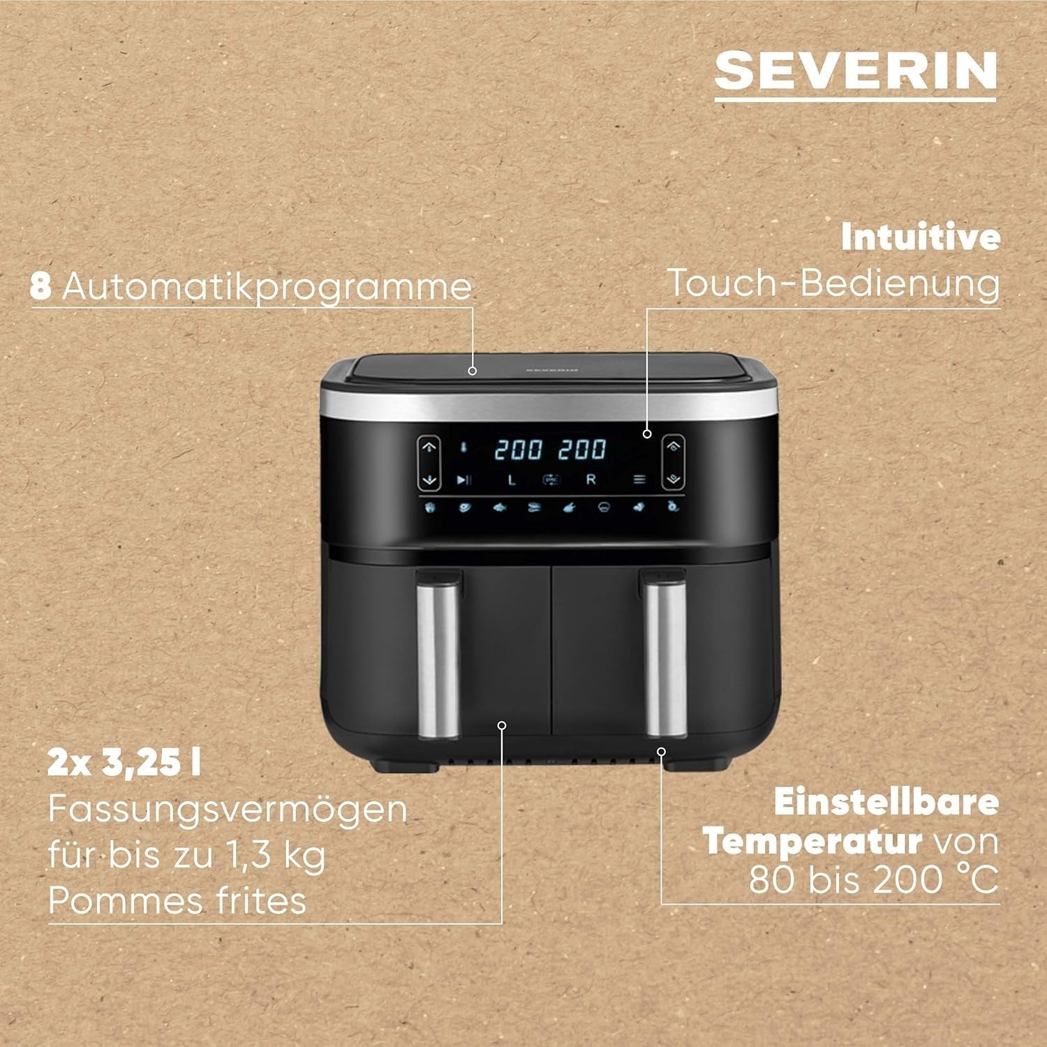SEVERIN Doppel-Heißluftfritteuse mit Garraum 2 x 3,8 l, 8 Automatikprogramme Haushaltsgeräte Naty Shop