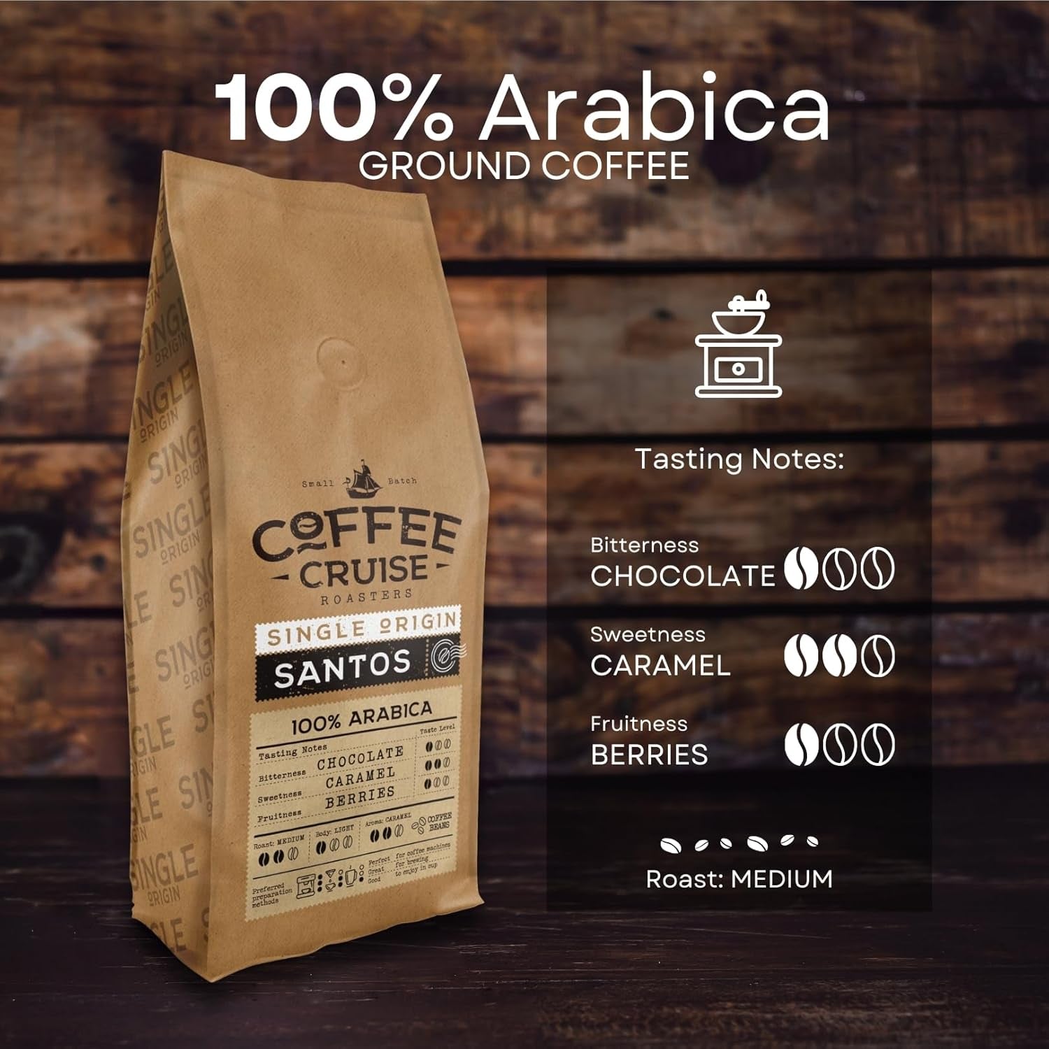 COFFEE CRUISE Santos Kaffeebohnen 1kg – Mittlere Röstung – Aroma Karamell – Für alle Kaffeemaschinen – 100 % arabisch