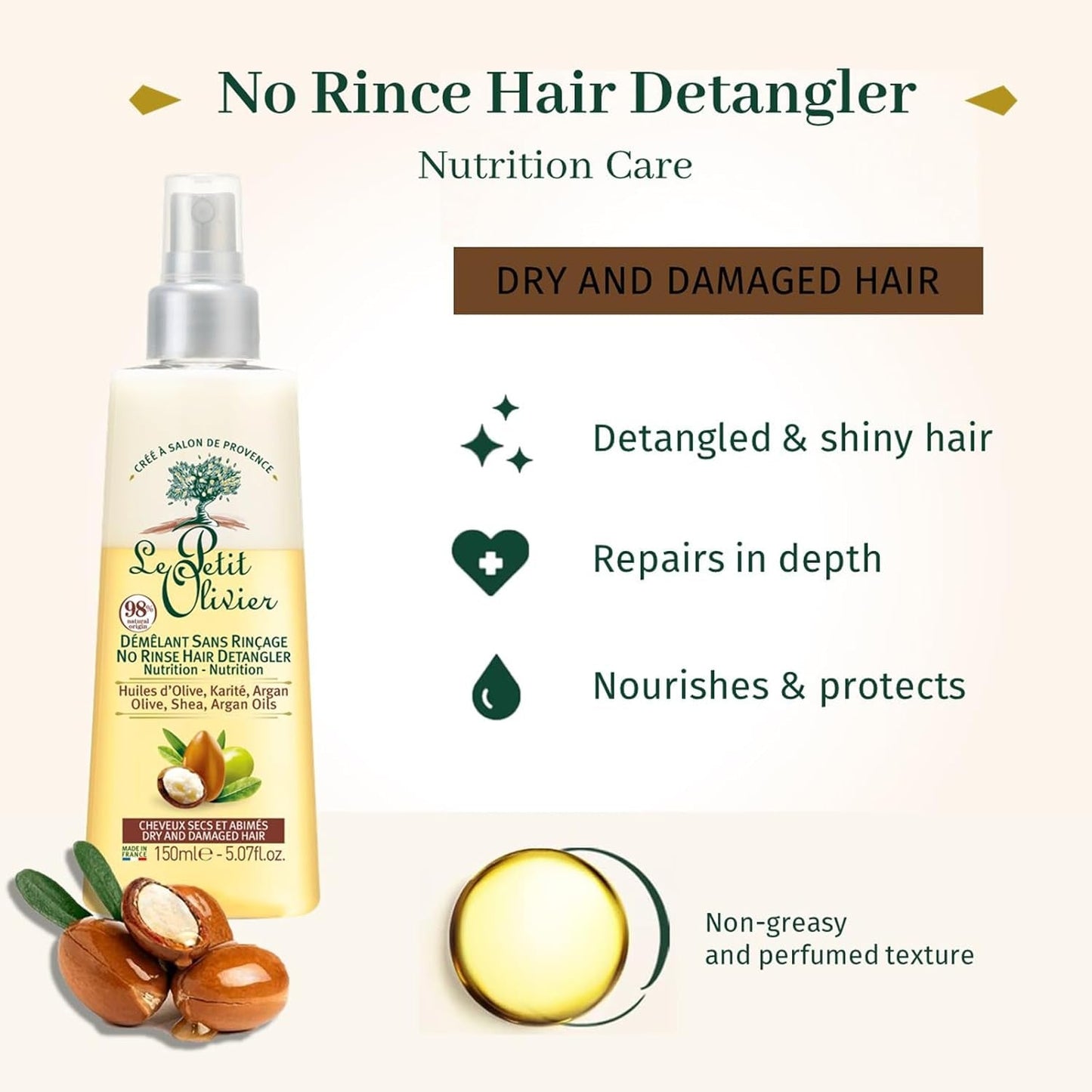 - Entwirrungsspray, Pflege, ohne Ausspülen und Silikon-, Oliven-, Shea- und Arganöle, entwirrt, repariert und pflegt - trockenes und strapaziertes Haar - 150 ml Haarentwirrungsprodukte Naty Shop