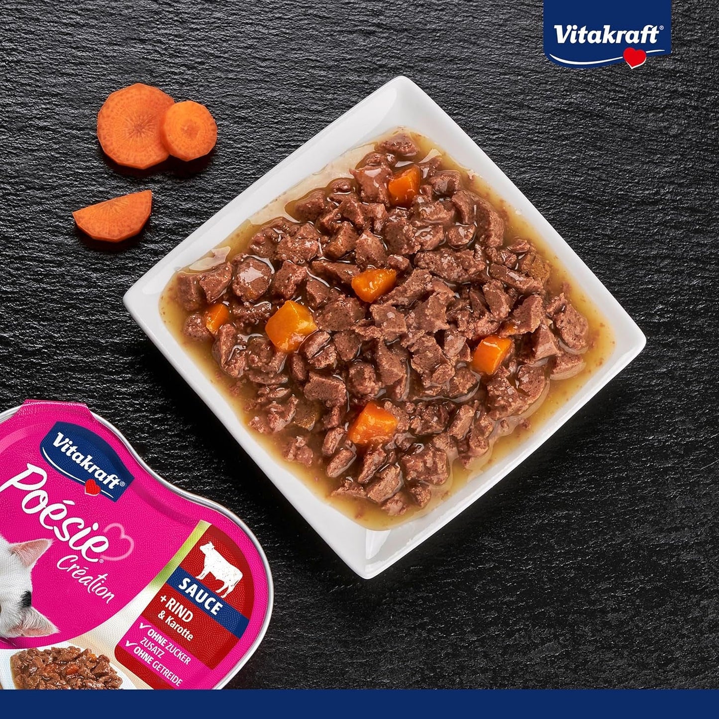 Vitakraft Poésie Création, Nassfutter für Katzen, Nassfutter in Soße, mit Rindfleisch und Karotte, Großpackung, ohne Zusatz von Zucker oder Getreide (15 x 85g)