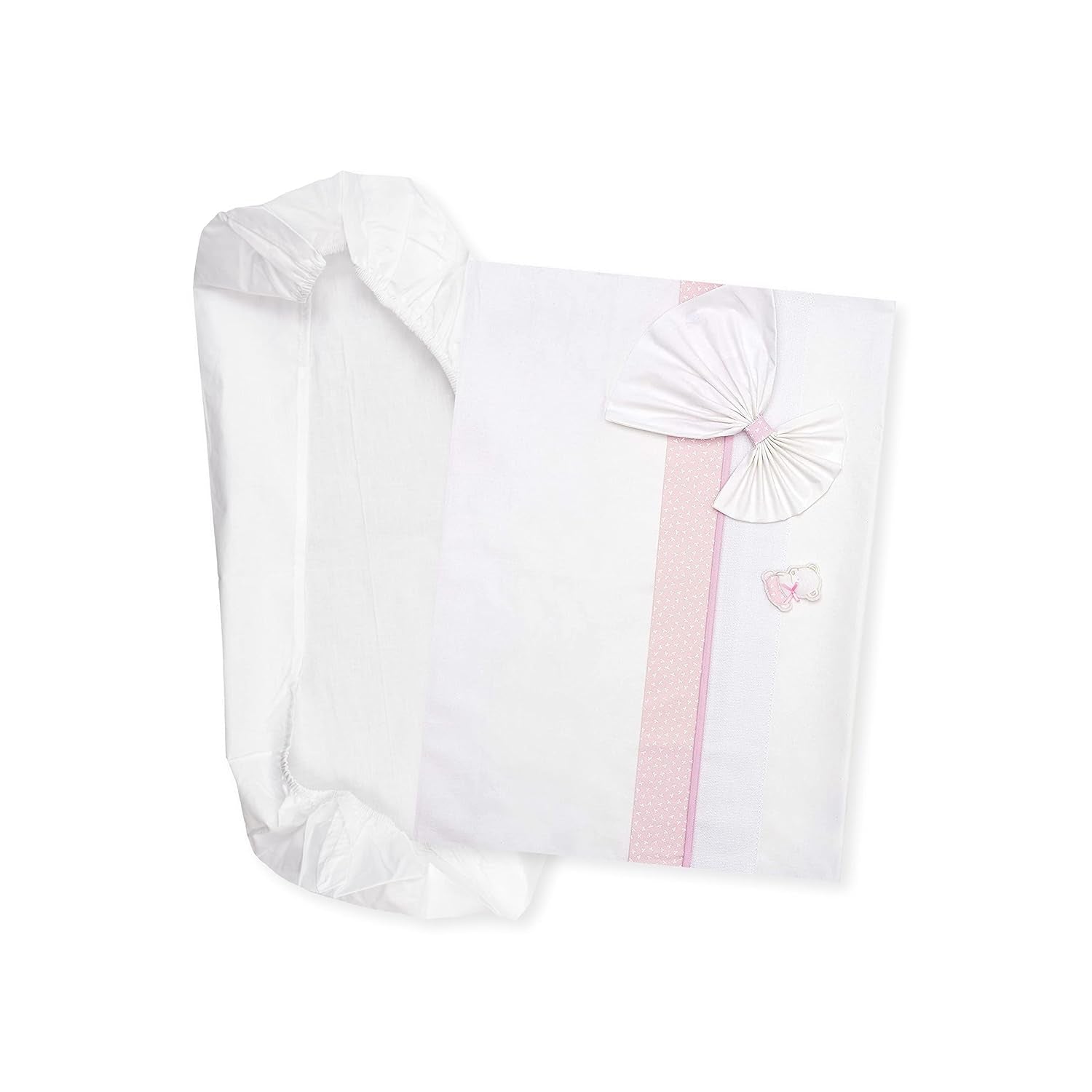 Weißes und rosafarbenes Babybett-Bettwäscheset, 1 Spannbettlaken, 1 Oberlaken mit Aida-Bandstickerei und 1 Kissenbezug, 100 % Baumwolle, hergestellt in Italien Naty Shop Quilts & Quilts Pink
