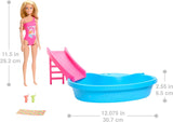 Barbie-Puppe und Zubehör – Pool mit Rutsche und Zubehör für stundenlangen Spaß in der Sonne, rosa Badeanzug mit tropischem Design, für Kinder ab 3 Jahren, HRJ74