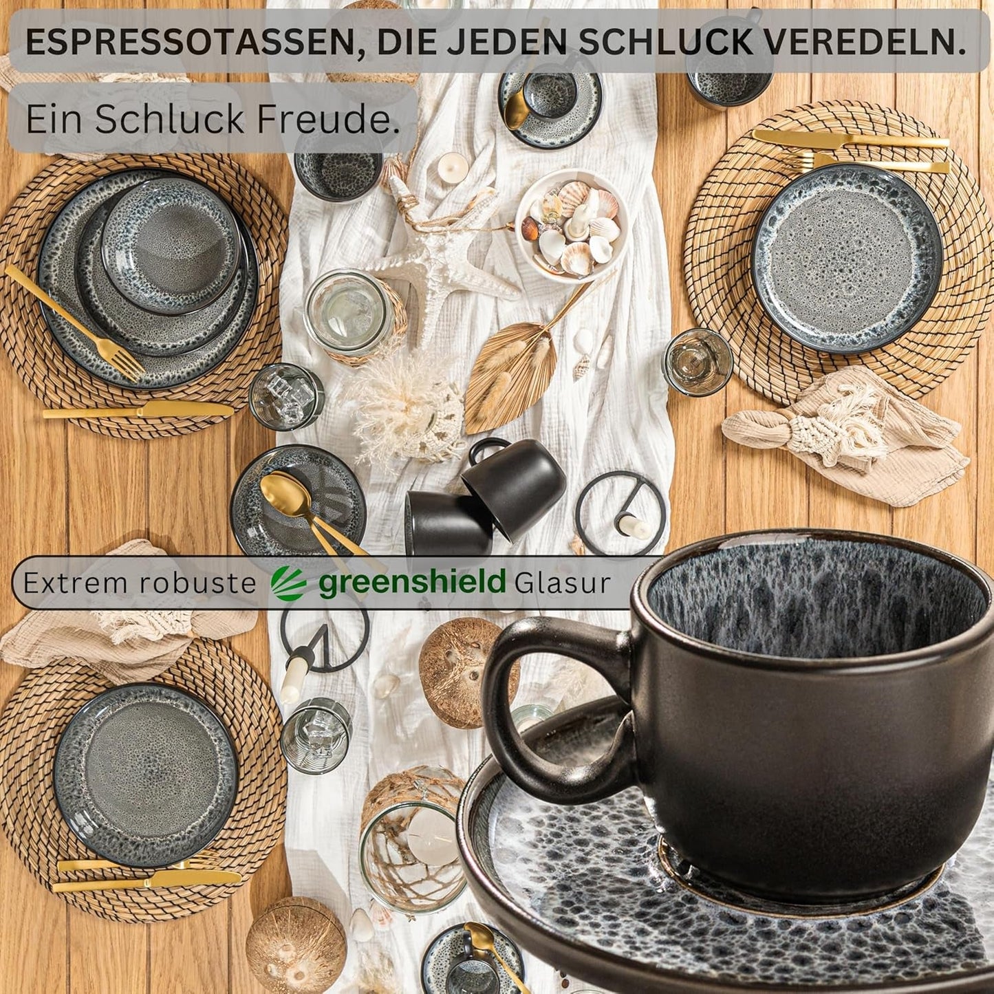SANGER Sydney | Espressotassen-Set aus Keramik, 12 Stück, Mokkatassen-Set für 6 Personen, Tassen und Untertassen, spülmaschinen- und mikrowellengeeignet, dunkelgrau, 80 ml | DIE VALUE-KOLLEKTION