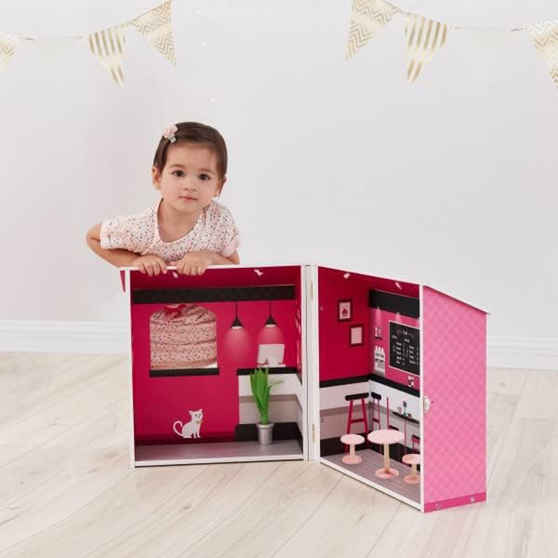 Teamson Kids – Dreamland City Café Puppenhaus 30 cm – Rosa/Weiß/Schwarz