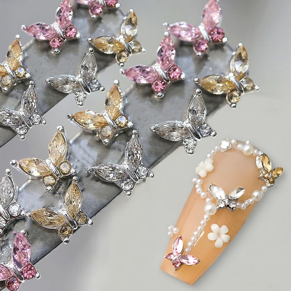 Mini Schmetterling Zirkon Nagel Schlüsselanhänger Y2K Weiß Champagner Rosa Strass Kristall Schmetterling Schlüsselanhänger Nägel 3D Schmetterling Nageldesign Schlüsselanhänger Schmetterling Nägel Dekoration Nail Art Schlüsselanhänger Nagelzubehör