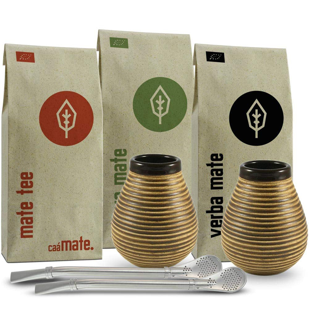 Mate-Tee-Set für zwei, Bio ● 2 Mate-Tassen + 2 Bombillas + 300 g Mate-Tee + Zubereitungsanleitung