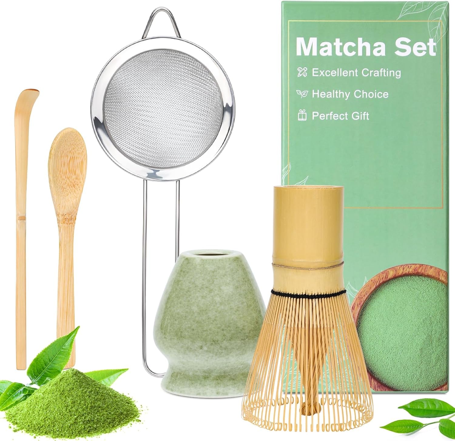 Alyvisun Matcha-Set, 5-teiliges Matcha-Tee-Set mit Matcha-Teekanne und Matcha-Teeständer, Teelöffel, Teelöffel, Matcha-Tee-Set für Matcha-Liebhaber, ideal für Anfänger und Enthusiasten