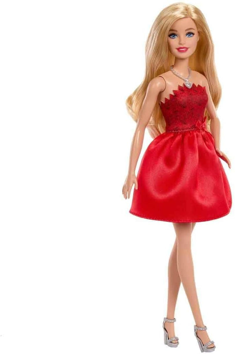 Mattel Rubinrote Blonde Barbie-Party-Modepuppe zum 80. Jubiläum rotes Kleid mit silbernen Schuhen und Halskette, Sammelspielzeug, JGD25
