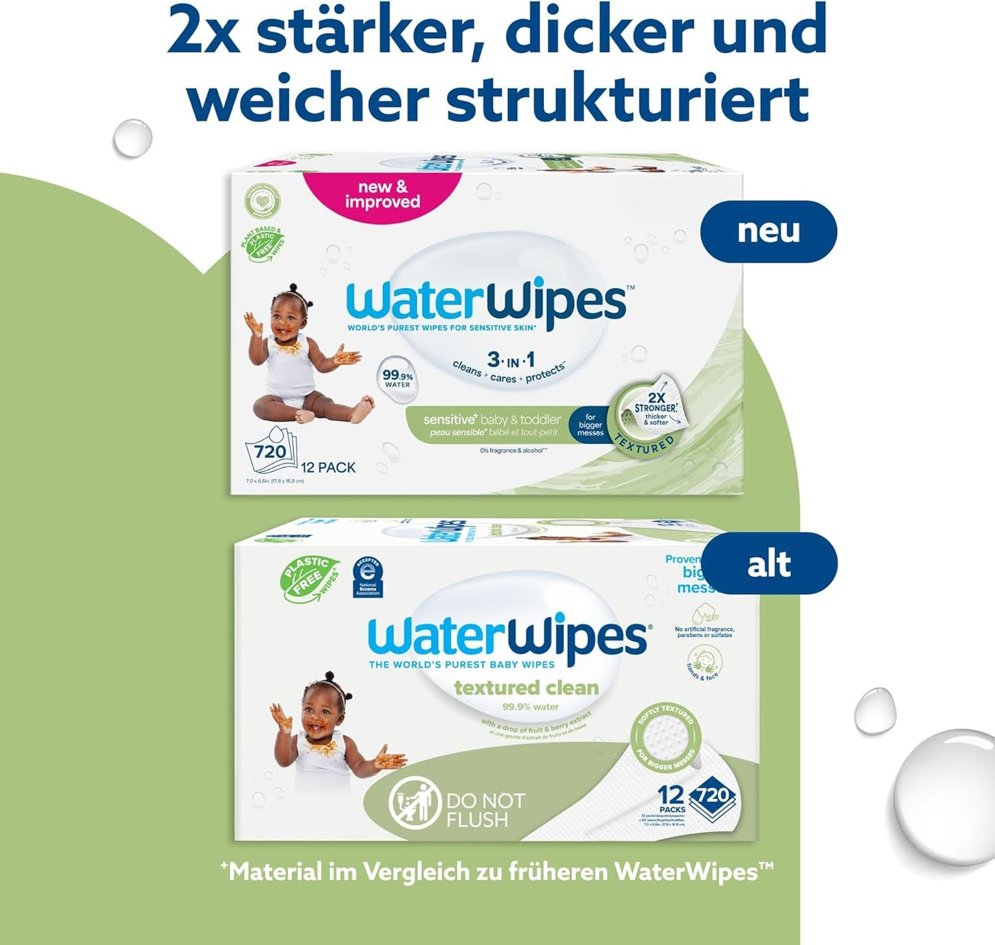 WaterWipes Sensitive+ Feuchttücher für Babys und Kleinkinder, 720 Stück (12er-Pack), 3-in-1-Reinigung, Pflege, Schutz, 99,9 % Wasser, strukturierte Reinigung, parfümfrei