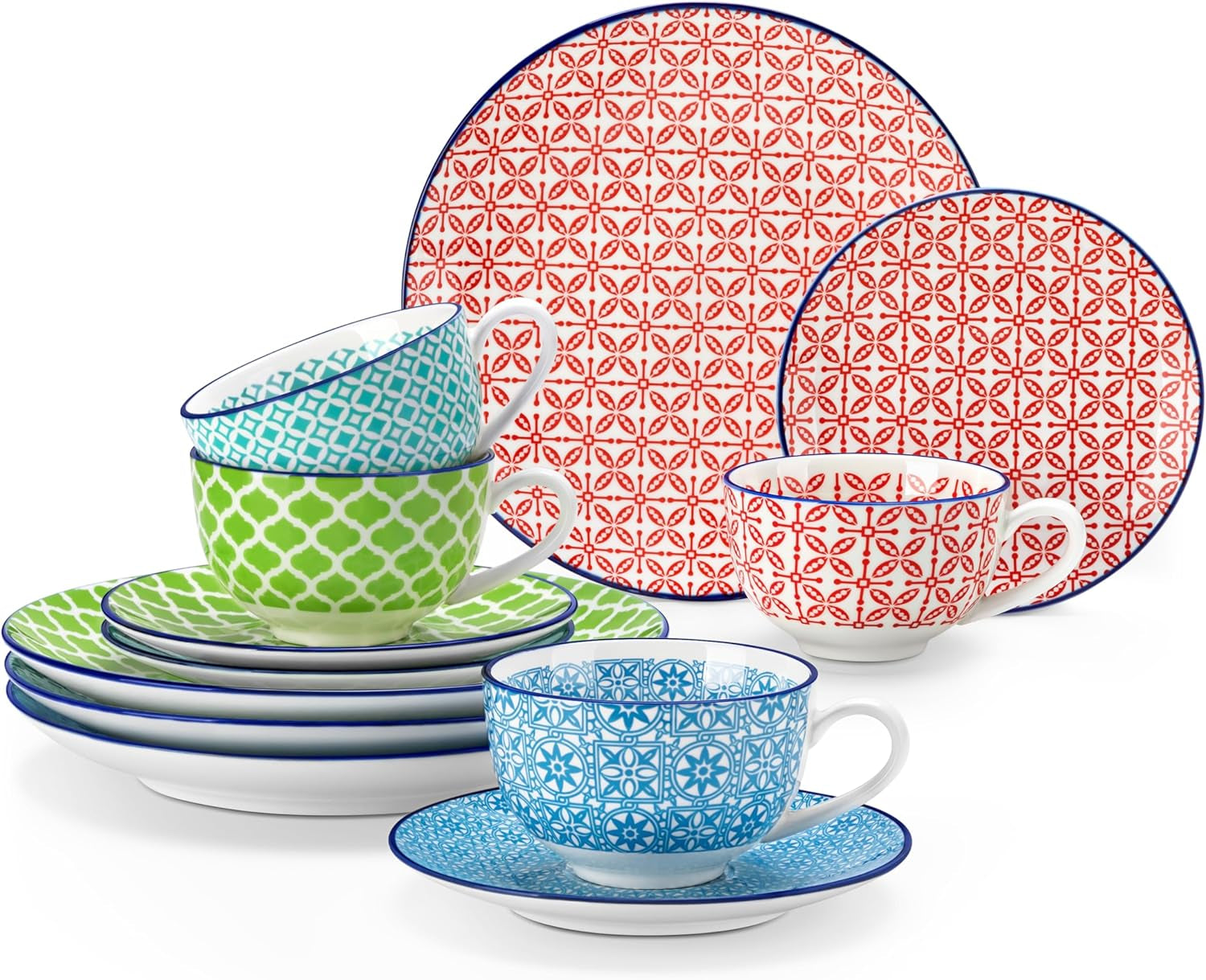 Vancasso Macaron Kaffeeservice aus Porzellan, 12-teiliges buntes Kaffeeservice für 4–12 Personen, Tassenset, inklusive Kaffeetassen, Untertassen und Desserttellern