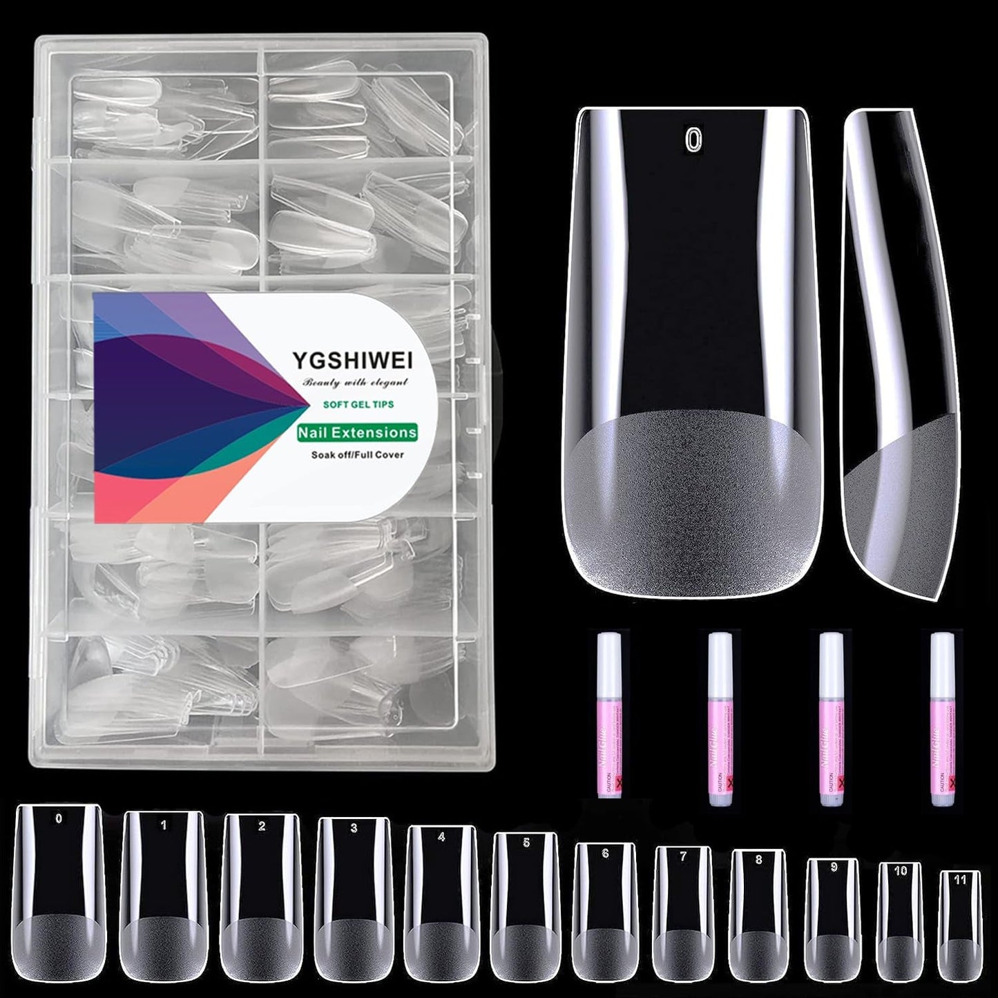 Künstliche Nägel mit vollständiger Abdeckung, 504 Stück, 12 Größen, künstliche Nägel mit Nagelkleber, künstliche Acrylnägel mit Aufbewahrungsbox für Nagelstudios und Heimwerker-Nagelkunst zu Hause (quadratisch)