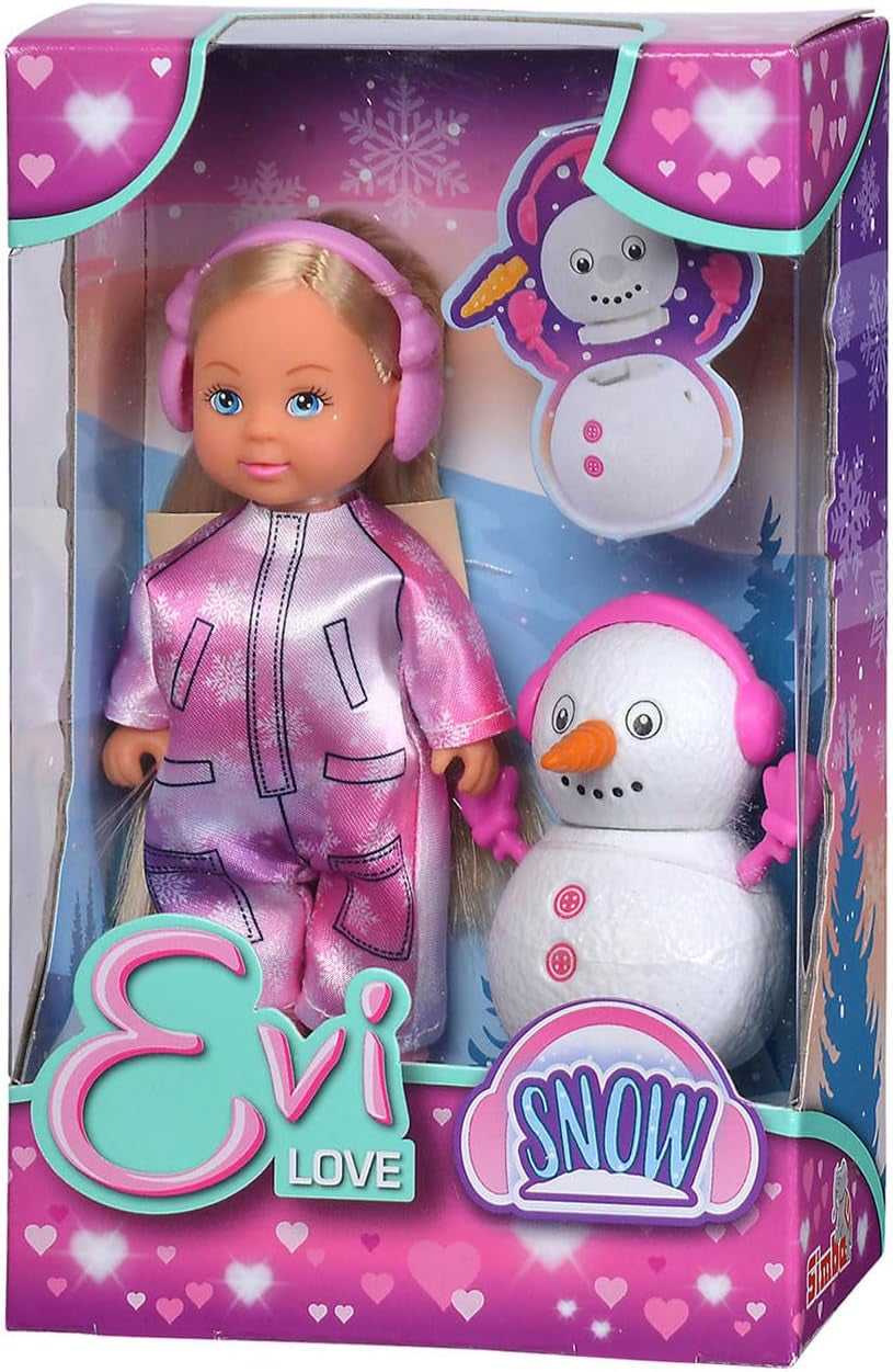 Simba 105733646 – Evi Love Snow, Puppe im süßen Schneeanzug mit baubarem Schneemann, 12 cm, ab 3 Jahren