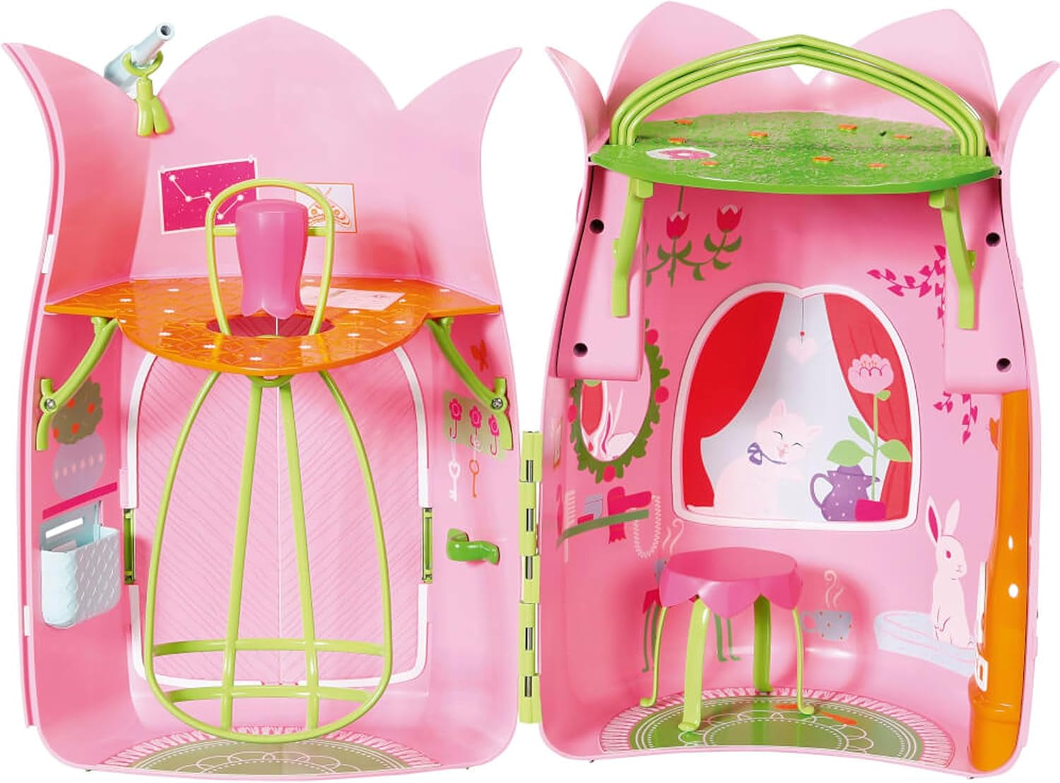 BABY Born Storybook Cottage, faltbares Puppenhaus für 18-cm-Puppen mit Tisch, Kamin, Chaiselongue und Teleskop, Rosagrün, 833803 Zapf Creation Puppenhäuser Naty Shop