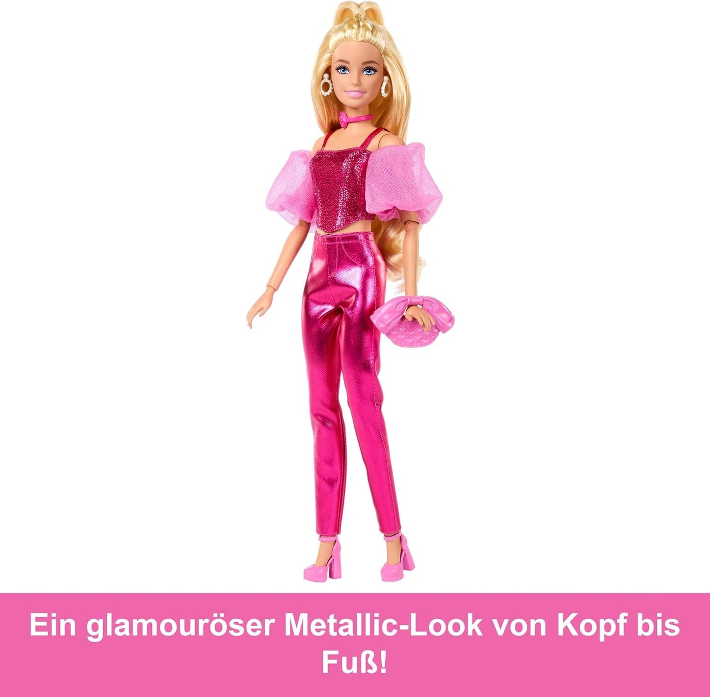 Barbie Deluxe Style Nr. 5-Puppe in einem metallischen rosa-blonden Outfit mit glitzerndem Oberteil und glitzernden Hosen, mit Accessoires wie einer rosa Halskette und einer Handtasche, JFP40