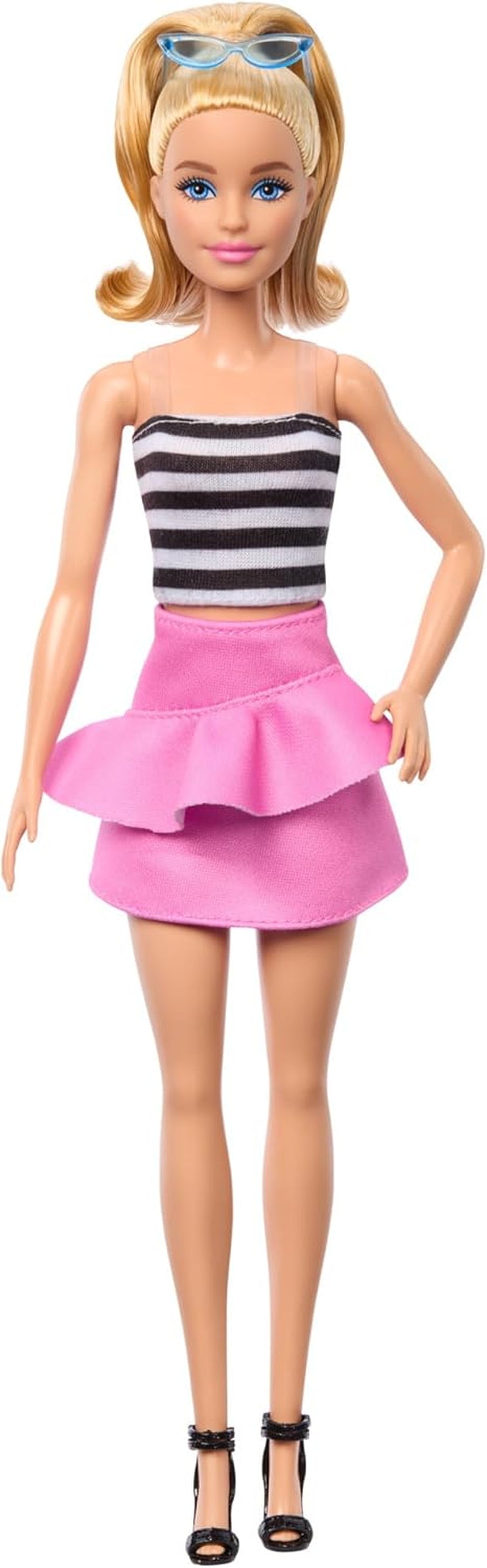 Barbie Fashionistas Puppe Nr. 213 Blondine in gestreiftem Oberteil, rosa Rock und Sonnenbrille, Sammler-Modepuppe zum 65. Geburtstag HRH11 Naty Shop Dolls