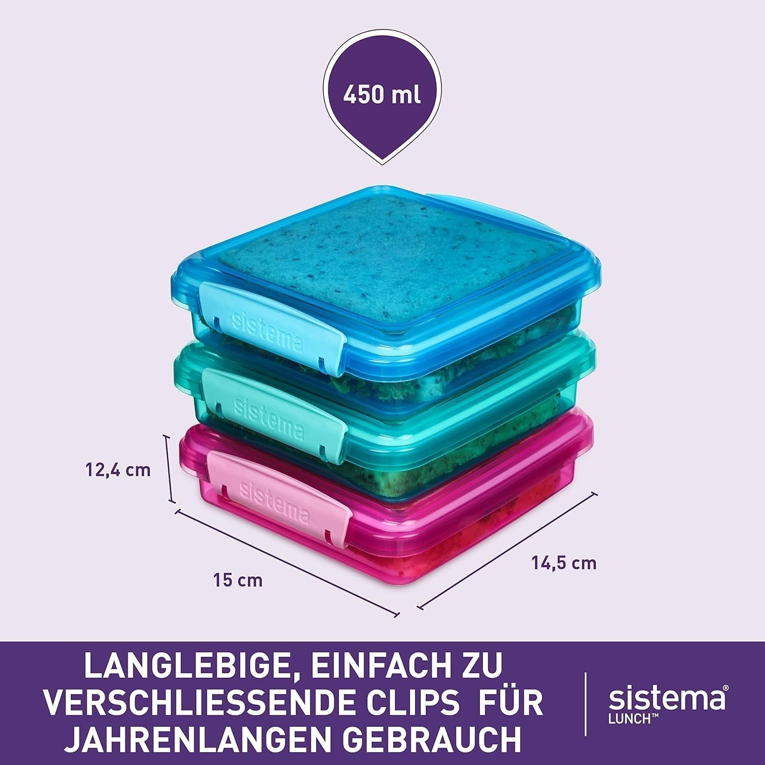 Lunchbox-Sandwichbox-System | 450 ml | stapelbare und luftdichte Lunchbox mit Deckel | für Kinder und Erwachsene | ohne BPA | gemischte Farben | 3 Stück Naty Shop Lebensmittel-Aufbewahrungsboxen