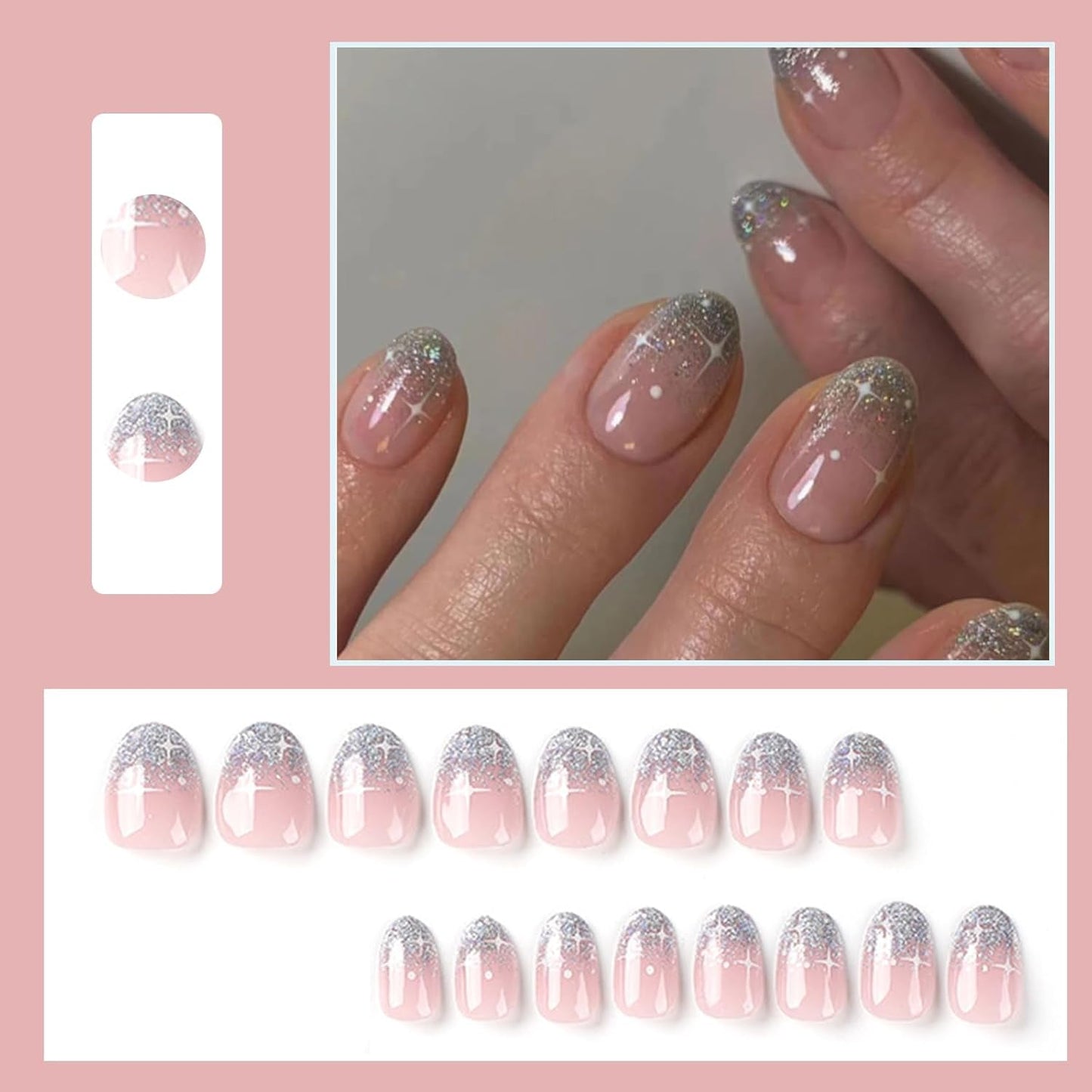 24 Stück French Press On Nails, kurz, glänzend, silberfarbenes Design, ovale künstliche Nägel, zum Aufkleben auf Acryl, glänzende Nägel, falsche Nägel für Frauen und Mädchen