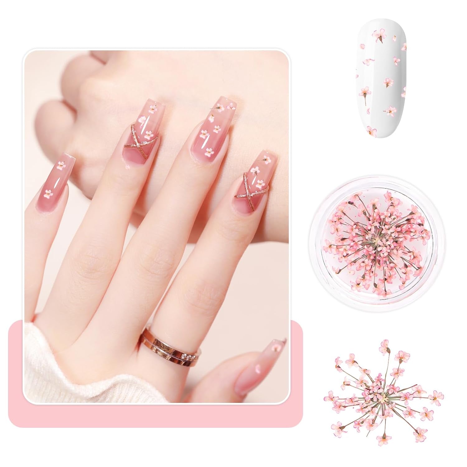 Nail Art Flowers Set Dekoration - Gelnägel Zubehör 3 Farben(Orange,Blassrosa,Rose),Nail Art Aufkleber Trockene Blumen Kit Getrocknete Blumen Zubehör Set DIY Nageldekoration