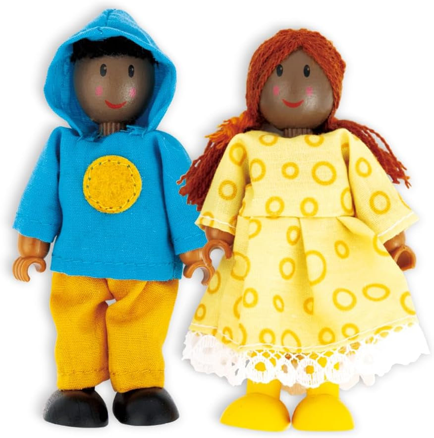 Hape Doll Family – 6-teiliges Puppenhaus-Zubehörset aus dunklem Leder mit Holz- und Stofffiguren, Rollenspiel, Lernspielzeug, interaktives Lernspielzeug für Kinder ab 3 Jahren