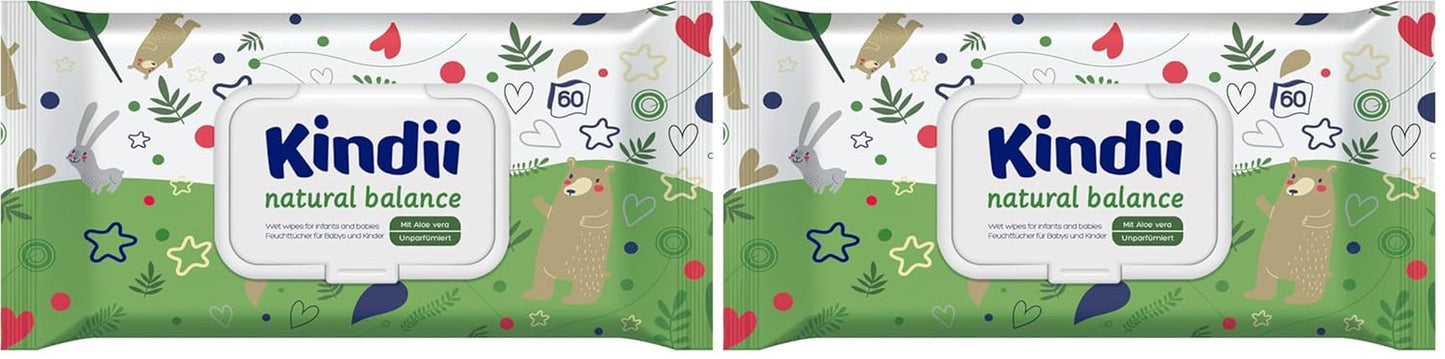 Șervețele umede Kindii Natural Balance pentru bebeluși – (1 x 60 buc.) Șervețele umede pentru bebeluși și copii – Protectoare, Aloe Vera, Parfum delicat – 60 buc.