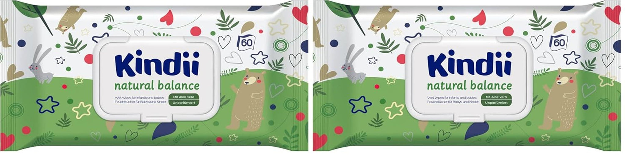 Șervețele umede Kindii Natural Balance pentru bebeluși – (1 x 60 buc.) Șervețele umede pentru bebeluși și copii – Protectoare, Aloe Vera, Parfum delicat – 60 buc.