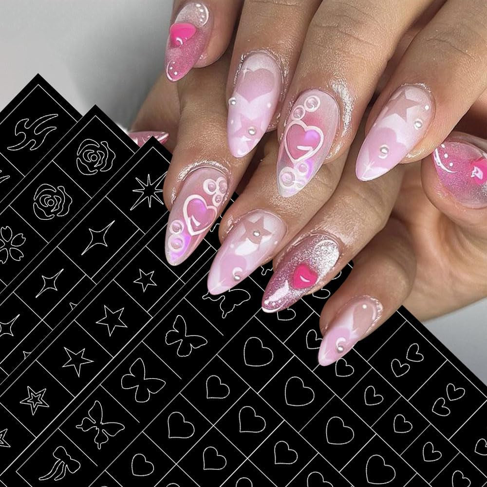 6 Blatt Airbrush-Schablone, Nagelaufkleber, Schmetterling, Flamme, Sterne, Herz, Sterne, Nagelaufkleber, Druckschablone, Werkzeug, Nagelkunst, selbstklebende Aufkleber für Frauen, Nagelkunst-Designaufkleber