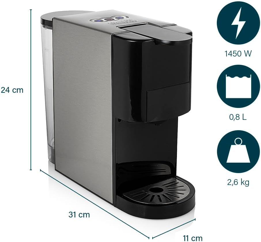 Princess 4-in-1-Mehrkapsel-Espressomaschine – 1450 Watt, Kapseln, Pads, gemahlener Kaffee, BPA-frei, 249450, 01.249450.01.001, Schwarz, Silber