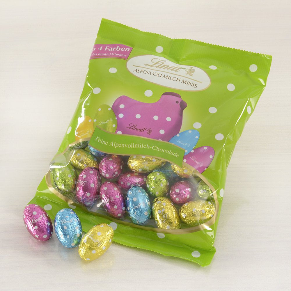 Kleine Osterfreunde mit Schokolade | 2 x 100 g und Schokoladendekor Mini-Eier mit Alpenmilch | 2 x 180 g Beutel | Eier aus hochwertiger Vollmilchschokolade, fröhlich und bunt verpackt, in vier Farben zu Ostern