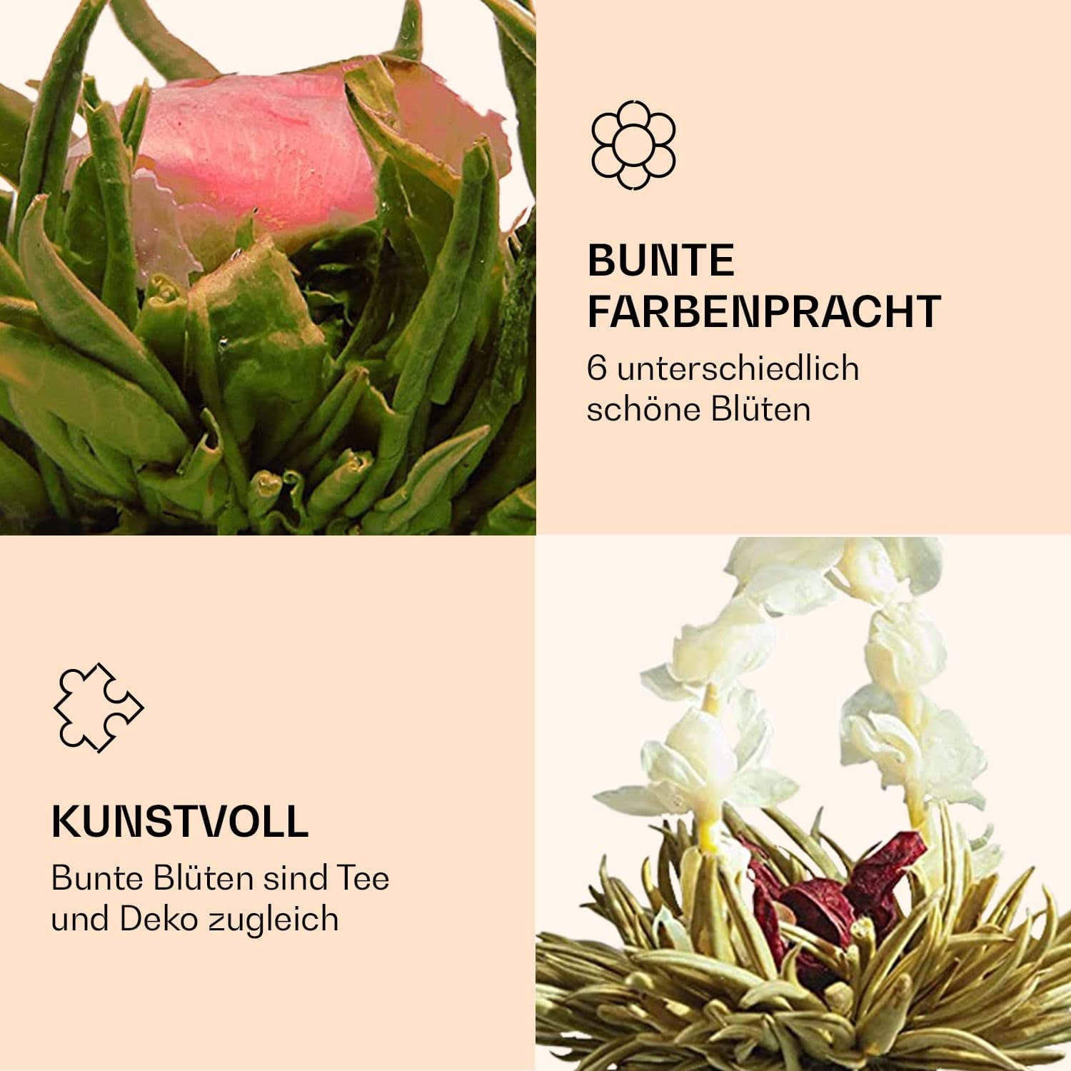 Elegante 6er-Mischbox von Feelino – Weiße Teeblüten von Feelino in einer wunderschönen Probier- und Geschenkbox mit 6 verschiedenen weißen Teerosen, einzeln vakuumverpackt, 1er-Packung