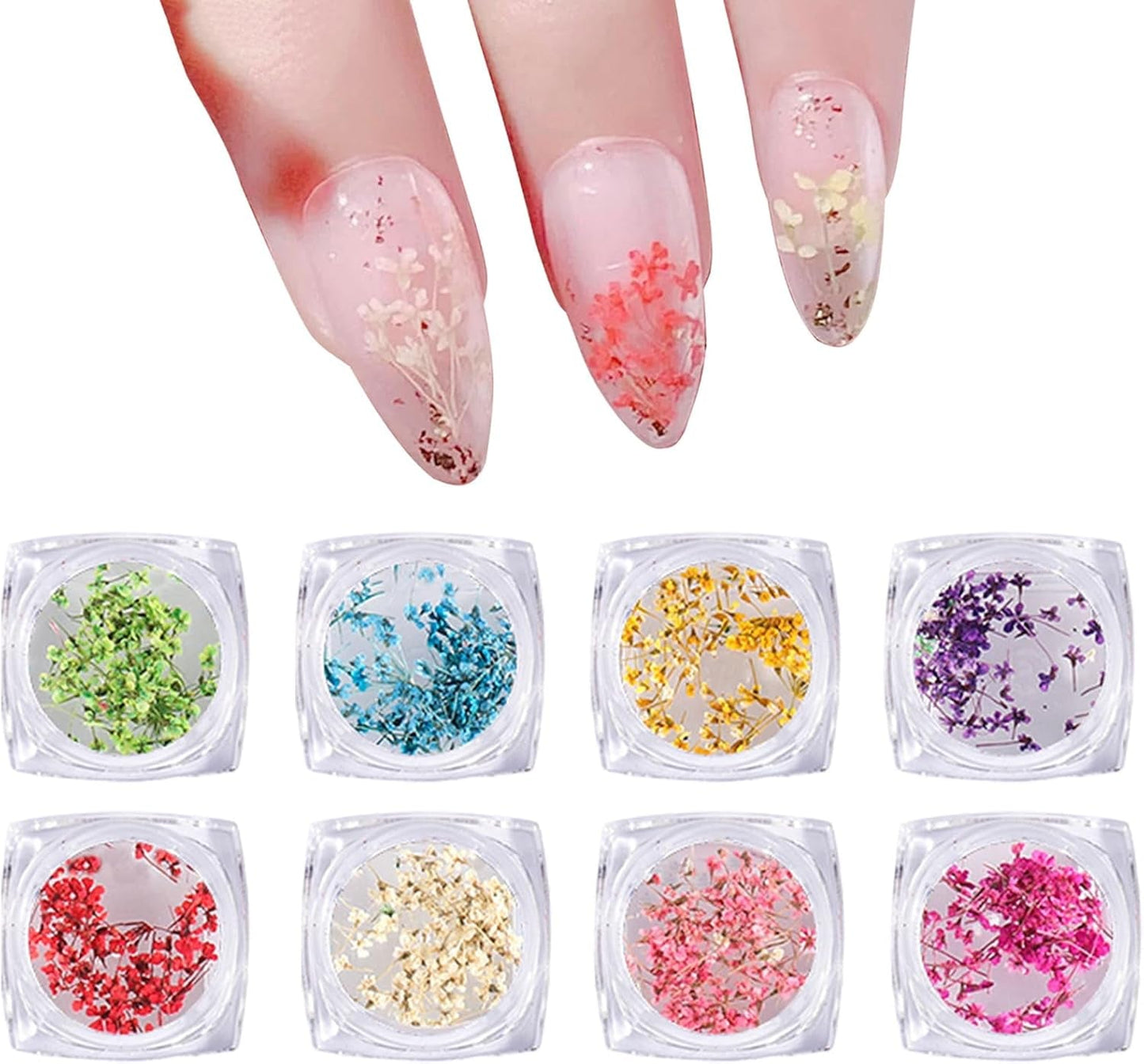 Getrocknete Blumen für Nägel, 8 Gläser, 3D-getrocknete Blumen für Nägel, natürliche bunte Nagelaufkleber, getrocknete Blumen, Nagelzubehör für Nageldekoration, DIY-Handwerk
