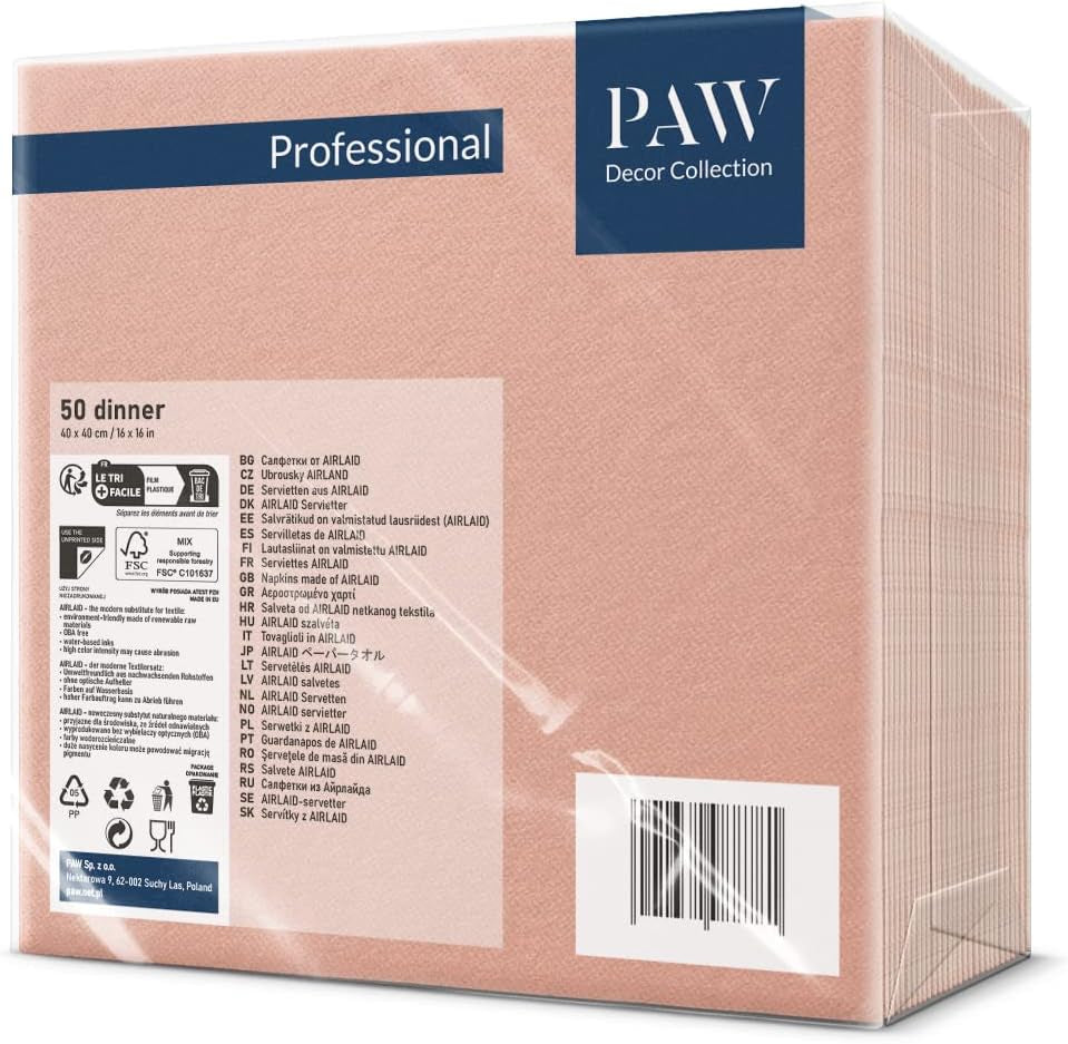 PAW - Airlaid-Servietten (40 x 40 cm) I 50 Stück I Einfarbig I Stoffähnlich I Elegante Tischdekoration I Horeca I Für wichtige Anlässe wie Hochzeiten, Partys, Weihnachten I Einfarbig: Rosa