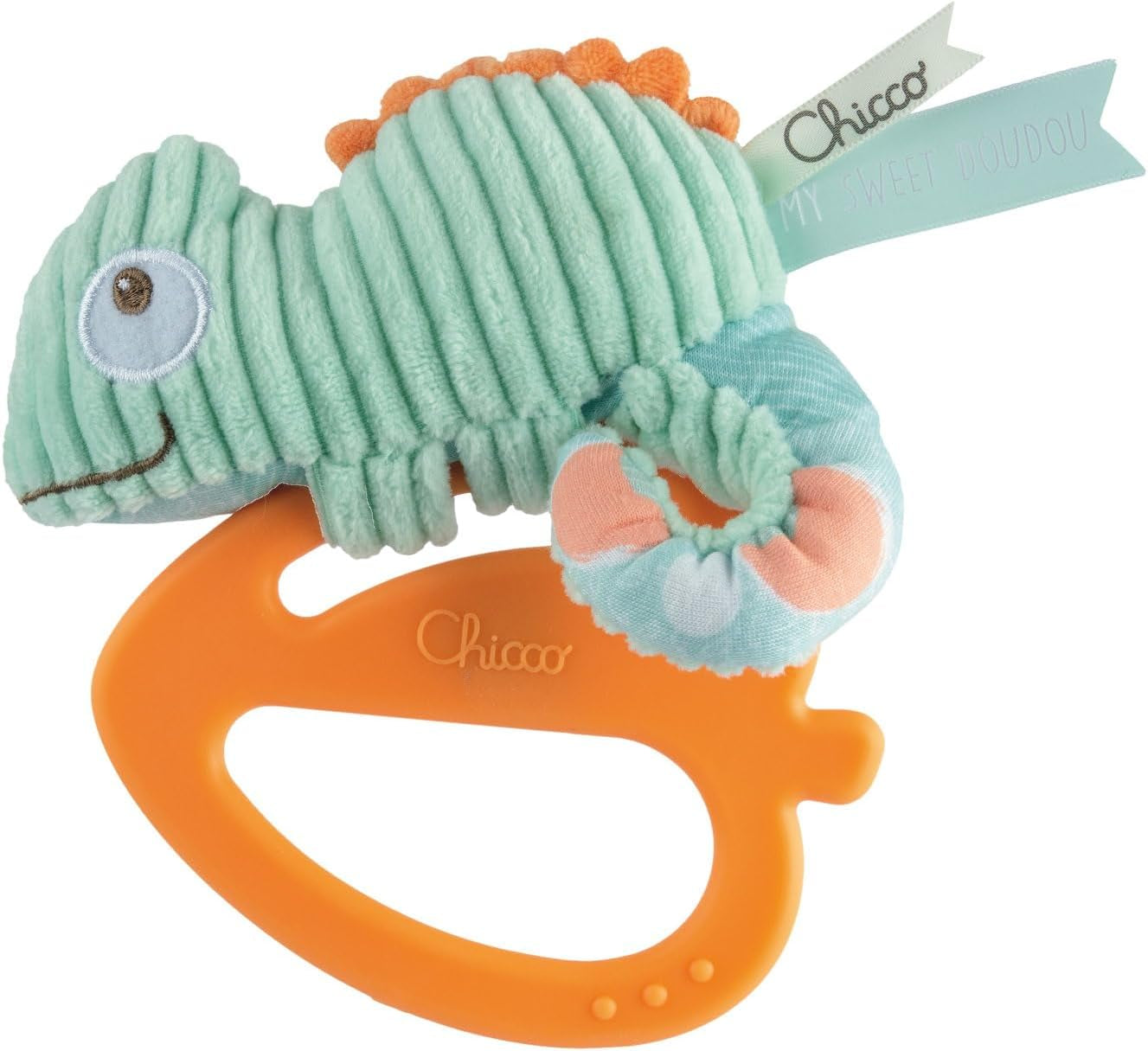 Chicco My Sweet Doudou Chamäleon-Spielzeug aus hochwertigen Stoffen, weicher Kunststoffring, beruhigendes Zahnungsspielzeug für Babys, 3–18 Monate, Bebe Naty Shop, Chamäleon-Spielzeug