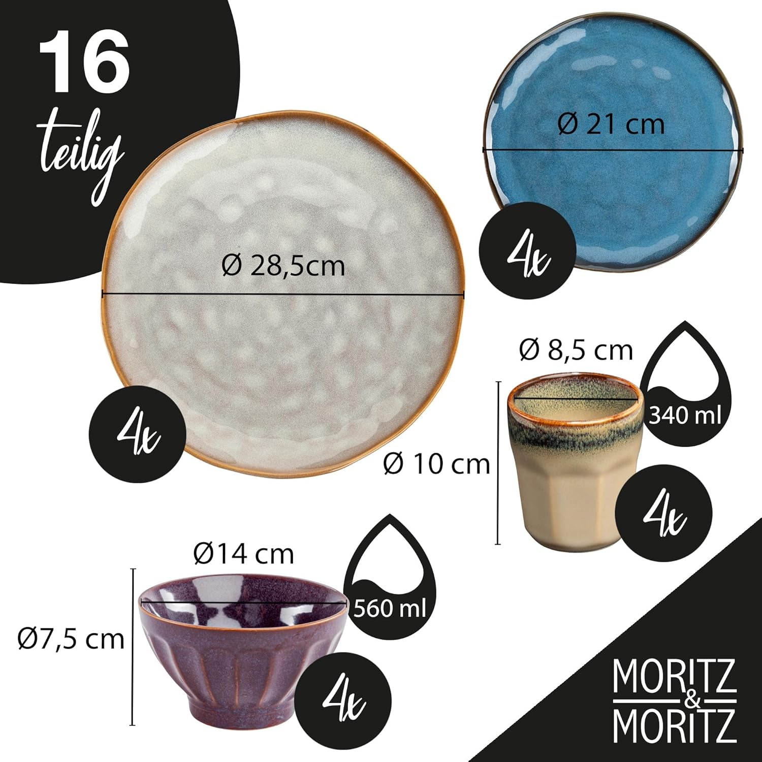 Moritz & Moritz COPA 16-tlg Geschirrset 4 Personen - Elegantes Teller Set aus hochstehendem Steinzeug - Geschirr Set 4 Personen aus je 4x Dinnerteller, Dessertteller, Müslischale & Kaffeebecher