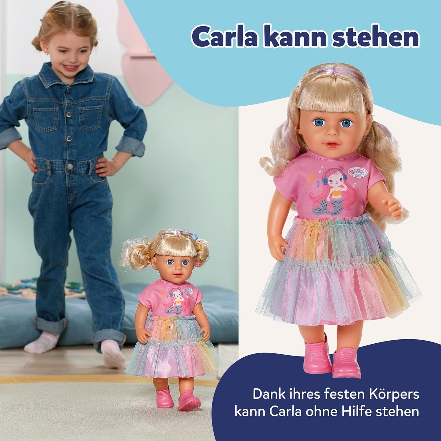 BABY born Carla – 43 cm große Puppe – hochwertiges blondes Haar mit Strähnen – keine Batterien erforderlich – geeignet für Kinder ab 4 Jahren – inklusive 7 Zubehörteilen, rosa