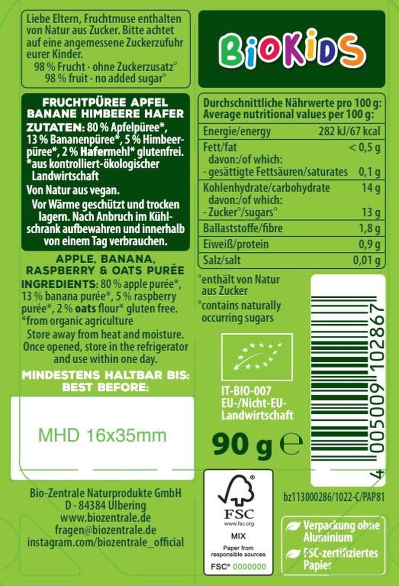 biocentral BioKids Fruchtpüree Apfel Banane Himbeere Hafer | 12 x 90g | Fruchtiger Snack ohne Zuckerzusatz | Vegan