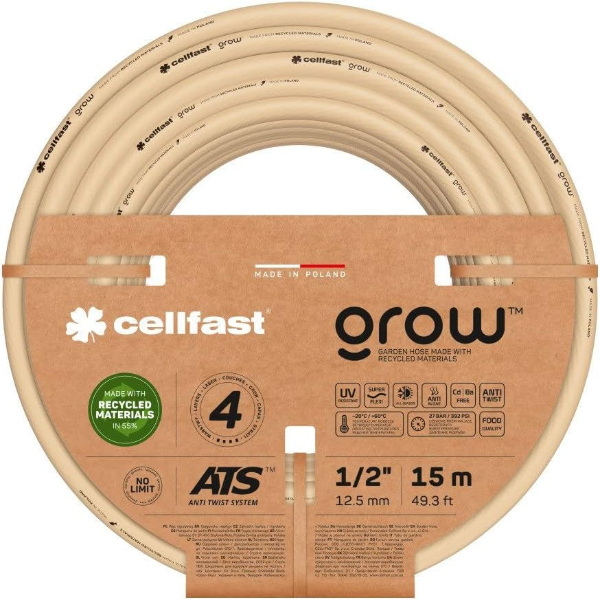 Gartenschlauch Cellfast GROW, langlebig, flexibel, 4-lagig, langlebiges ATS-Gestrick, UV- und algenbeständig, schwermetallfrei, 27 bar, -20/+60°C, 1/2"-Verschluss, 15m