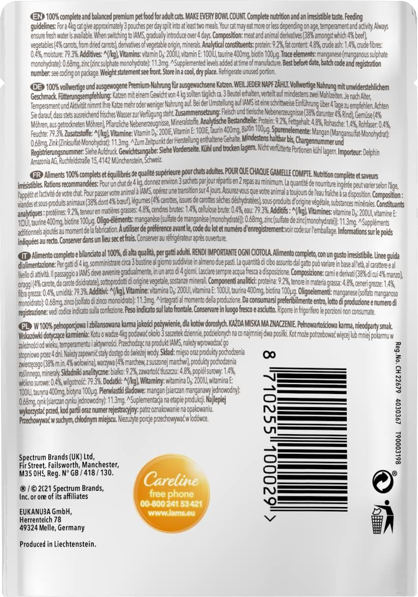 IAMS Delights Nassfutter für Katzen mit saftigem Rindfleisch und gelierten Karotten – Komplettes Nassfutter für ausgewachsene Katzen, 24 Beutel x 85 g