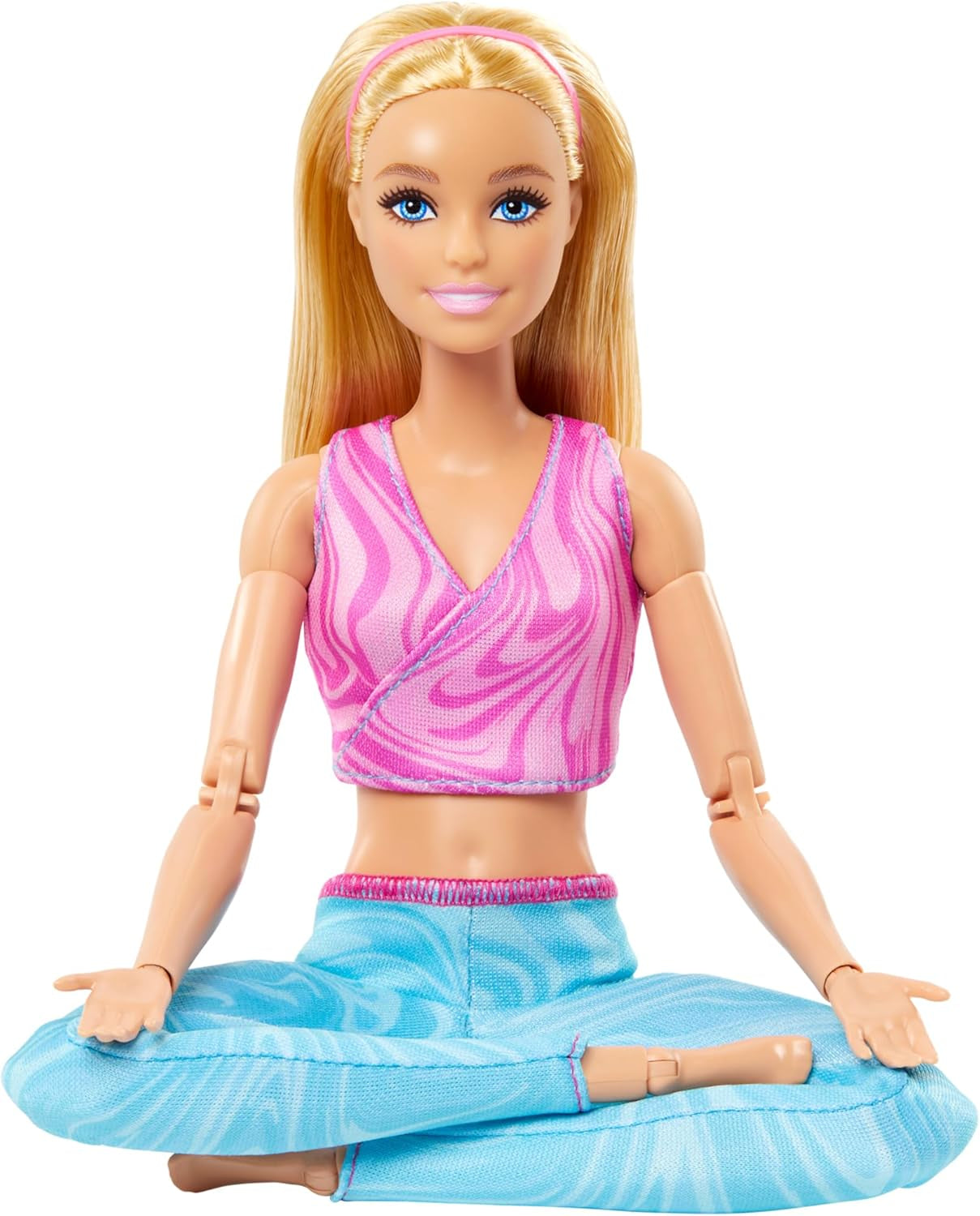 Barbie Made-to-Move-Puppe mit blonden Haaren, abnehmbarem rosa Sportoberteil und blauer Yogahose, 22 Gelenke, HRH27, [Mehrfarbig]