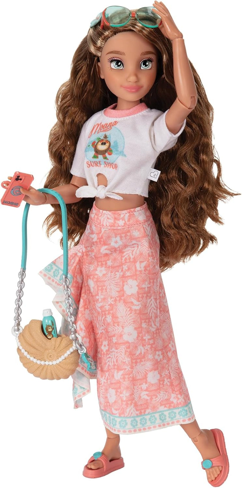 Vaiana-Puppe mit Zubehör, 29 cm, 13 Artikulationspunkte, offiziell lizenziert von Jakks Pacific. Komplett mit kombinierbaren Accessoires und einem funkelnden Mickey-Ring!