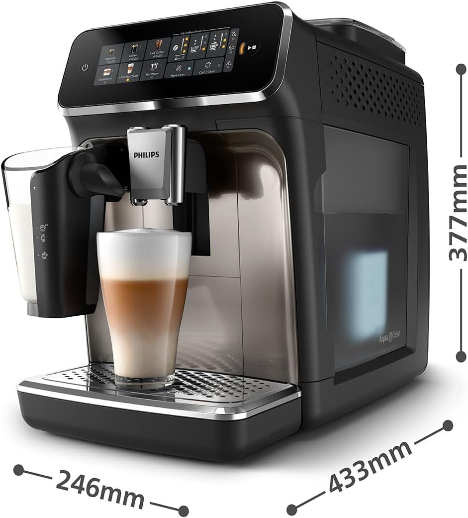 PHILIPS automatische Espressomaschine 3300-Serie – 6 Getränke, moderner Farb-Touchscreen, LatteGo-Milchzubereitungssystem, SilentBrew, 100 % Keramikmahlwerk, AquaClean-Filter. Schwarzchrom (EP3347/90)