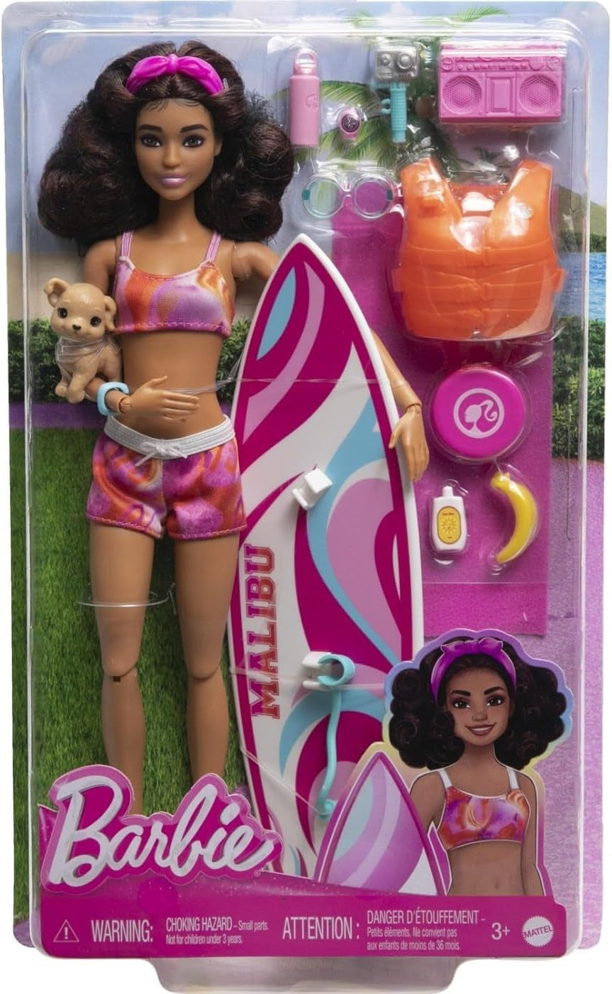 Barbie-Surfer-Puppe mit Surfbrett und Griff, Handtuch und Radio für Strandabenteuer und Geschichten, Clips und Knöchelriemen für realistisches Surfen, ab 3 Jahren HPL69 Naty Shop Moderne Puppen