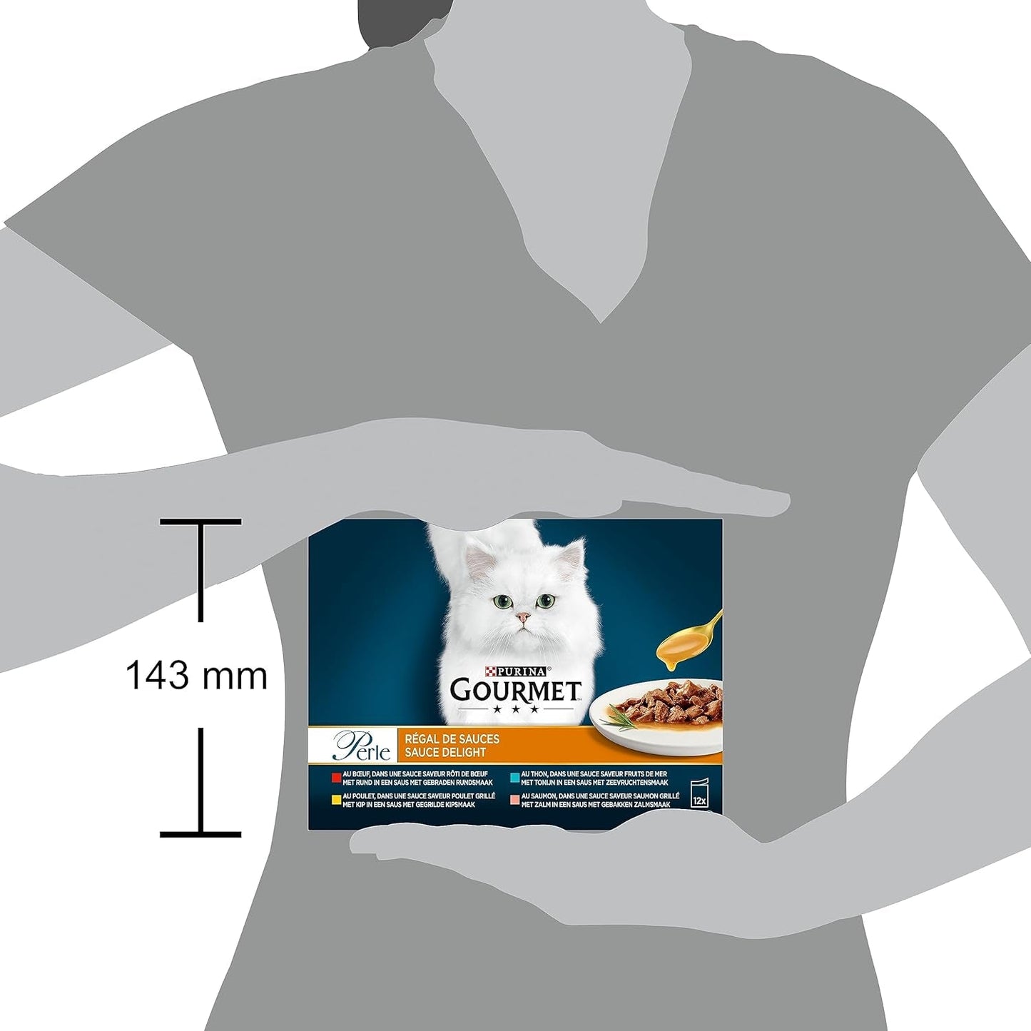 Perle | Saucenhalter | Erwachsene Katze | Rindfleisch, Huhn, Thunfisch, Lachs | 12 x 85g | Frischebeutel (Verpackung kann variieren)