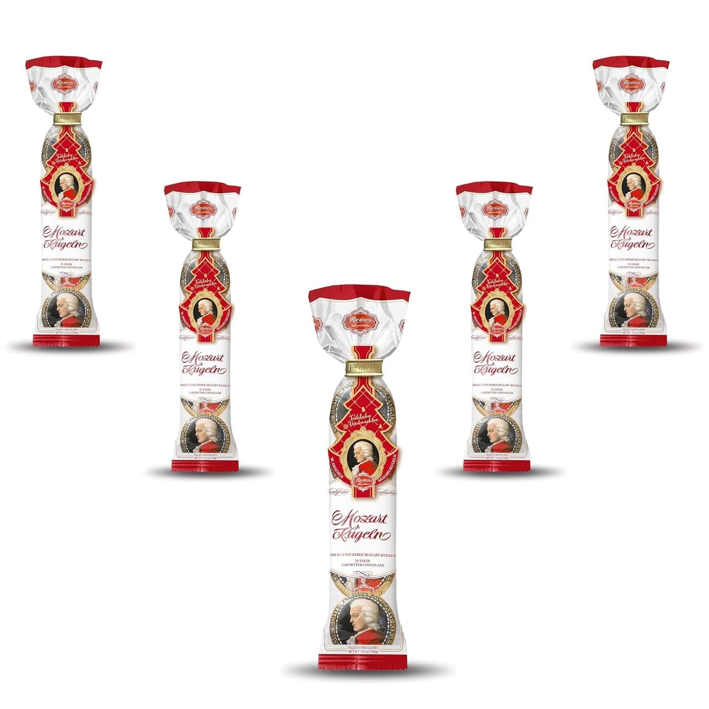 Reber Mozartkugeln – 5 Tüten mit je 5 Süßigkeiten in der Weihnachtsedition – Authentische Reber Mozartkugeln, hergestellt aus dunkler Schokolade, Marzipan und Nougat