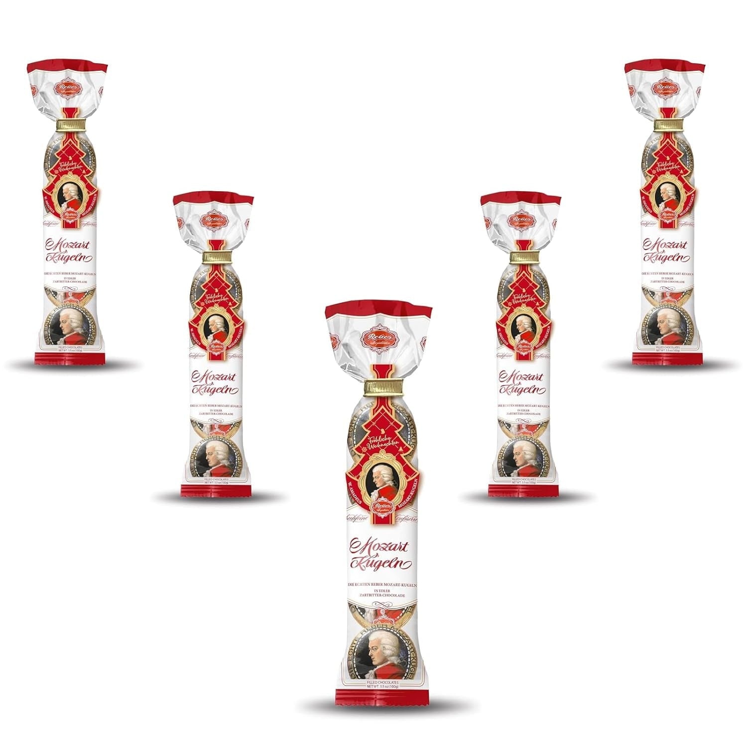 Reber Mozartkugeln – 5 Tüten mit je 5 Süßigkeiten in der Weihnachtsedition – Authentische Reber Mozartkugeln, hergestellt aus dunkler Schokolade, Marzipan und Nougat